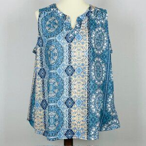 FLT Studio Stretch Sleeveless Top Sz 2XL Blue Floral Boho Grand Millennial